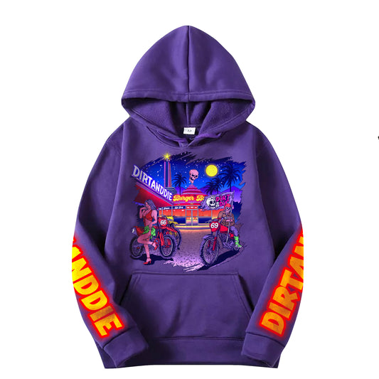 Hoodie, Sweat Shirt Violet Purple Oversize Unisexe Motocross Vintage Retro Diner Skeleton Squelette 